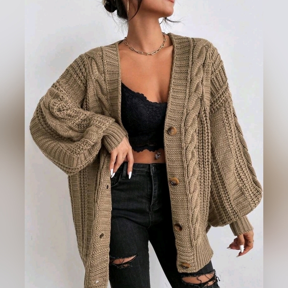 New Boho Chunky Cable Knit Cardigan Sweater Khaki Tan Beige - Picture 5 of 7